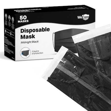 Wecare Individually Wrapped Disposable Face Masks, Black, 50PK WC-WMN100006-2
